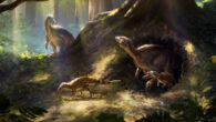 A family of Thescelosaurus neglectus emerges from safety to forage in the forests of the Hell Creek Formation, 66 million years ago. Image credit: Anthony Hutchings.