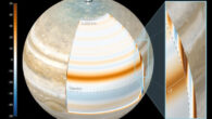 This illustration depicts findings that Jupiter’s atmospheric winds penetrate the planet in a cylindrical manner and parallel to its spin axis. The most dominant jet recorded by NASA’s Juno is shown in the cutout: the jet is at 21 degrees north latitude at cloud level, but 3,000 km below that, it’s at 13 degrees north latitude. Image credit: NASA / JPL-Caltech / SSI / SWRI / MSSS / ASI / INAF / JIRAM / Björn Jónsson / CC BY 3.0.