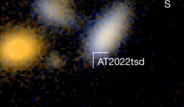 AT2022tsd is a fast and luminous extragalactic optical transient with rapid flares. Image credit: Ho et al., doi: 10.1038/s41586-023-06673-6.