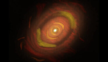 Rings of dust surrounding HL Tauri, with line patterns showing the orientation of polarized light. Image credit: NSF / AUI / NRAO / B. Saxton / Stephens et al.