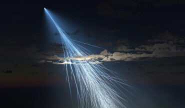 An artist’s illustration of the Amaterasu particle observed by a surface detector array of the Telescope Array experiment. Image credit: Osaka Metropolitan University / L-INSIGHT, Kyoto University / Ryuunosuke Takeshige.