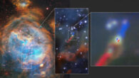 Left: this image from the Multi Unit Spectroscopic Explorer (MUSE) on ESO’s Very Large Telescope shows the parent cloud LHA 120-N 180B in which the HH 1177 system was first observed. Center: this image shows the jets that accompany HH 1177; the top part of the jet is aimed slightly towards us and thus blueshifted; the bottom one is receding from us and thus redshifted. Right: this image from ALMA shows the rotating disk around the star, similarly with sides moving towards and away from us. Image credit: ESO / ALMA / NAOJ / NRAO / McLeod et al.