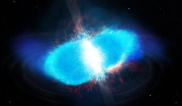 The merger of two neutron stars is among the leading candidate sites for synthesizing the heavier elements on the periodic table through the r-process. Image credit: Matthew Mumpower, Los Alamos National Laboratory.