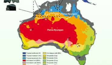 Map of Sahul showing the extent of the now-submerged continental shelf (dark gray), with the area of the Northwest Shelf demarcated by a dashed black box, and the present-day distribution of the Köppen climate groups (seasonal precipitation and temperature) showing the extent of modern-day Australia and New Guinea. The tropical distribution of Late Pleistocene sites containing early axe technology are shown as black circles, sites without early axe technology as gray circles, and sites demonstrating Late Pleistocene occupation of the now submerged continental shelves as white circles. Image credit: Peter Hiscock / Norman et al., doi: 10.1016/j.quascirev.2023.108418.