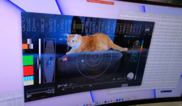 A computer screen shows Taters the cat in a still from the first high-definition streaming video to be sent via laser from deep space, as well as the incoming data stream delivering the frames from the video. Image credit: NASA.