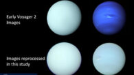 Voyager 2/ISS images of Uranus and Neptune released shortly after the Voyager 2 flybys in 1986 and 1989, respectively, compared with a reprocessing of the individual filter images in this study to determine the best estimate of the true colors of these planets. Image credit: Irwin et al., doi: 10.1093/mnras/stad3761.