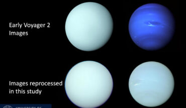Voyager 2/ISS images of Uranus and Neptune released shortly after the Voyager 2 flybys in 1986 and 1989, respectively, compared with a reprocessing of the individual filter images in this study to determine the best estimate of the true colors of these planets. Image credit: Irwin et al., doi: 10.1093/mnras/stad3761.