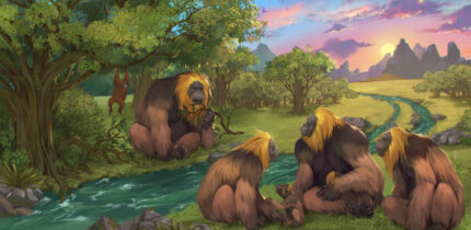 An artist’s impression of a group of Gigantopithecus blacki within a forest in southern China. Image credit: Garcia / Joannes-Boyau, Southern Cross University.