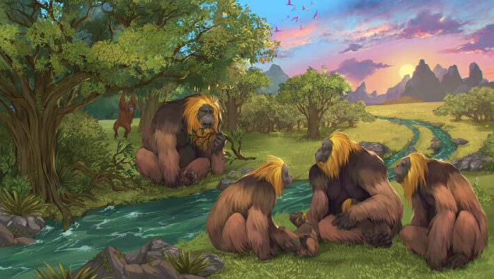 An artist’s impression of a group of Gigantopithecus blacki within a forest in southern China. Image credit: Garcia / Joannes-Boyau, Southern Cross University.