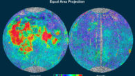A map of the titanium abundances of the Moon’s surface, obtained from NASA’s Clementine spacecraft; the red parts indicate extremely high concentrations compared to terrestrial rocks. Image credit: Lunar and Planetary Institute.