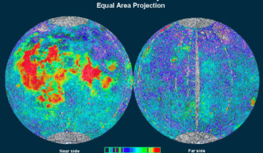 A map of the titanium abundances of the Moon’s surface, obtained from NASA’s Clementine spacecraft; the red parts indicate extremely high concentrations compared to terrestrial rocks. Image credit: Lunar and Planetary Institute.