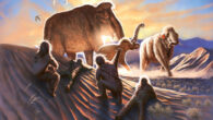 This artwork shows three mammoths being watched by a family of ancient Alaskans from the dunes near the Swan Point archaeological site, a seasonal hunting camp occupied 14,000 years ago. Image credit: Julius Csostonyi.