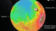 This image shows a height map of the Martian surface, with lowest land in blue and highest in white. Image credit: ESA.