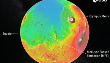 This image shows a height map of the Martian surface, with lowest land in blue and highest in white. Image credit: ESA.