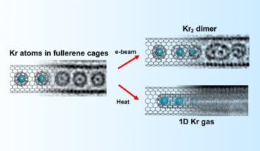 Cardillo-Zallo et al. report on a nanoscale system consisting of endohedral fullerenes encapsulated within single-walled carbon nanotubes, capable of the delivery and release of krypton atoms on-demand, via coalescence of host fullerene cages under the action of the electron beam (in situ) or heat (ex situ). Image credit: Cardillo-Zallo et al., doi: 10.1021/acsnano.3c07853.