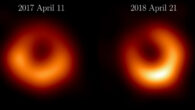 The Event Horizon Telescope Collaboration released new images of M87* from observations taken in April 2018, one year after the first observations in April 2017. The new observations reveal a familiar, bright ring of emission, the same size as as first observed. The brightest part of the ring has shifted by about 30º, to a 5 o’clock position, relative to the 2017 image. Image credit: EHT Collaboration.