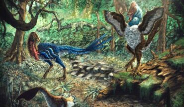 An artist’s depiction of Eoneophron infernalis (top left), Anzu wyliei (right) and another caenagnathid dinosaur (bottom left) in the Hell Creek Formation. Image credit: Zubin Erik Dutta.