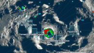 Predicted areas of slope instability in the south polar region of the Moon; the image is centered on Shackleton crater; locations of proposed Artemis III landing regions are shown (blue boxes); the model predicts that large portions of the interior walls of Shackleton crater are susceptible to landslides (inset), as are portions of the interior crater walls in the Nobile Rim 1 region. Image credit: Watters et al., doi: 10.3847/PSJ/ad1332.
