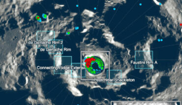 Predicted areas of slope instability in the south polar region of the Moon; the image is centered on Shackleton crater; locations of proposed Artemis III landing regions are shown (blue boxes); the model predicts that large portions of the interior walls of Shackleton crater are susceptible to landslides (inset), as are portions of the interior crater walls in the Nobile Rim 1 region. Image credit: Watters et al., doi: 10.3847/PSJ/ad1332.
