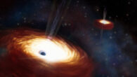 An artist’s impression of a supermassive black hole binary in the elliptical galaxy B2 0402+379. Image credit: NOIRLab / NSF / AURA / J. daSilva / M. Zamani.