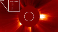 SOHO-5000, the 5,000th comet discovered with SOHO spacecraft, is noted by a small white box in the upper left portion of this image. A zoomed-in inset shows the comet as a faint dot between the white vertical lines. The image was taken on March 25, 2024, by SOHO’s Large Angle and Spectrometric Coronagraph (LASCO). Image credit: NASA / ESA / SOHO.