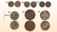 A selection of coins analyzed by Kershaw et al.: Early Period coins - (a) series A early penny, (b) series E early penny, (c) Frankish denarius, Rheims; Late Period coins - (d) penny of Offa (757-796 CE), (e) denarius of Charlemagne (768-814 CE), Mainz (after 792/3 CE), (f) denarius of Charlemagne, Quentovic (after c. 812 CE). Image credit: Fitzwilliam Museum.