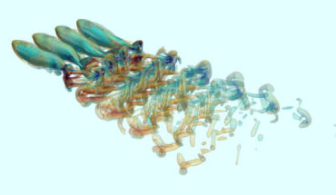 Computational models are used to examine the effect of schooling on flow generated noise of fish swimming using their caudal fins. Zhou et al. simulated the flow as well as the far-field hydrodynamic sound generated by the time-varying pressure loading on these carangiform swimmers. Image credit: Zhou et al., doi: 10.1088/1748-3190/ad3a4e.