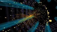 View of an ATLAS collision event in which a candidate W boson decays into a muon and a neutrino; the reconstructed tracks of the charged particles in the inner part of the ATLAS detector are shown as orange lines; the energy deposits in the detector’s calorimeters are shown as yellow boxes; the identified muon is shown as a red line; the missing transverse momentum associated with the neutrino is shown as a green dashed line. Image credit: ATLAS / CERN.