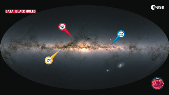 The location of the first three black holes discovered by ESA’s Gaia mission in the Milky Way. Image credit: ESA / Gaia / DPAC.