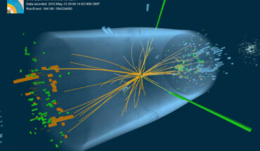 CMS event display of a candidate Higgs boson decaying into two photons, one of the two decay channels that were key to the discovery of the particle. Image credit: CERN.