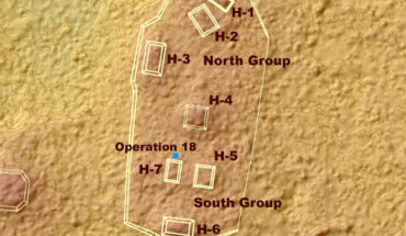 Map of the Helena complex showing the location of the excavation in relationship to the structures of the ballcourt (structures H-4 through H-7). Image credit: Lentz et al., doi: 10.1371/journal.pone.0301497.