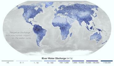Collins et al. estimated flow through 3 million river segments, identifying locations around the world marked by intense human water use, including parts of the Colorado, Amazon, Orange, and Murray-Darling river basins, shown as gray here. Image credit: NASA.
