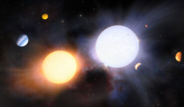 An artist’s impression of HD 138202 + CD-30 12303, a binary pair of giant stars located 1,707 light-years away in the constellation of Lupus. Image credit: NOIRLab / NSF / AURA / J. da Silva, Spaceengine / M. Zamani.