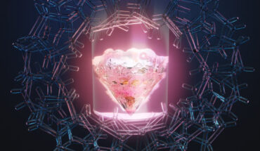 Conceptual art shows the rare earth element promethium in a vial surrounded by an organic ligand. Image credit: Jacqueline DeMink / Thomas Dyke / ORNL.