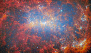 This Webb/MIRI/NIRCam image shows the central area of the irregular galaxy NGC 4449. Image credit: NASA / ESA / CSA / Webb / A. Adamo, Stockholm University / FEAST JWST Team.