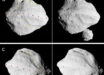 The stereographic image pairs (a-c), taken by the L’LORRI instrument on NASA’s Lucy spacecraft on November 1, 2023, show the asteroid Dinkinesh. The yellow and rose dots indicate the trough and ridge features, respectively. These images have been sharpened and processed to enhance contrast. The image (d) shows a side view of Dinkinesh and its satellite Selam taken a few minutes after closest approach. Image credit: NASA / GSFC / SwRI / Johns Hopkins APL / NOIRLab.