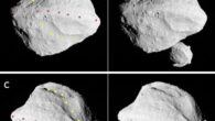 The stereographic image pairs (a-c), taken by the L’LORRI instrument on NASA’s Lucy spacecraft on November 1, 2023, show the asteroid Dinkinesh. The yellow and rose dots indicate the trough and ridge features, respectively. These images have been sharpened and processed to enhance contrast. The image (d) shows a side view of Dinkinesh and its satellite Selam taken a few minutes after closest approach. Image credit: NASA / GSFC / SwRI / Johns Hopkins APL / NOIRLab.
