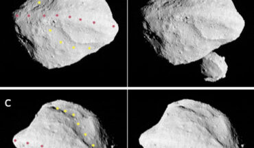 The stereographic image pairs (a-c), taken by the L’LORRI instrument on NASA’s Lucy spacecraft on November 1, 2023, show the asteroid Dinkinesh. The yellow and rose dots indicate the trough and ridge features, respectively. These images have been sharpened and processed to enhance contrast. The image (d) shows a side view of Dinkinesh and its satellite Selam taken a few minutes after closest approach. Image credit: NASA / GSFC / SwRI / Johns Hopkins APL / NOIRLab.