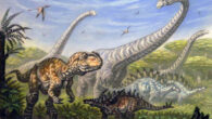 Life reconstuction of Gigantspinosaurus (bottom foreground), a sister species of the newly-discovered stegosaur Baiyinosaurus baojiensis, and and other dinosaurs from the Shaximiao Formation. Image credit: A. Belov / CC BY-SA 3.0.