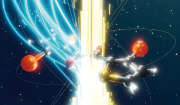 An artist’s impression of fast phosphorescence: the blue light rays come into the molecule to generate bold yellow pillars, representing the acceleration of phosphorescence through the mixing of singlet states. Image credit: YAP Co Ltd.