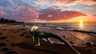 Benggwigwishingasuchus eremicarminis on the Panthalassan Ocean coast. Image credit: Jorge Gonzalez.