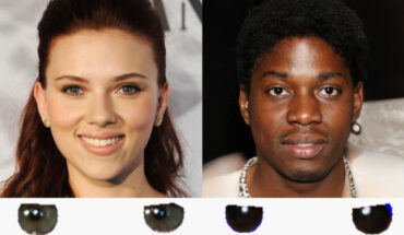 In this image, the person on the left (Scarlett Johansson) is real, while the person on the right is AI-generated. Their eyeballs are depicted underneath their faces. The reflections in the eyeballs are consistent for the real person, but incorrect (from a physics point of view) for the fake person. Image credit: Adejumoke Owolabi / CC BY 4.0.