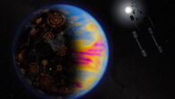 Conceptual image of an exoplanet with an advanced extraterrestrial civilization. Structures on the right are orbiting solar panel arrays that harvest light from the parent star and convert it into electricity that is then beamed to the surface via microwaves. The exoplanet on the left illustrates other potential technosignatures: city lights (glowing circular structures) on the night side and multi-colored clouds on the day side that represent various forms of pollution, such as nitrogen dioxide gas from burning fossil fuels or chlorofluorocarbons used in refrigeration. Image credit: NASA / Jay Freidlander.