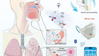 This schematic shows the process by which the smart mask can detect chemicals in the breath, such as nitrite, which is an indicator of airway inflammation. Image credit: Wei Gao & Wenzheng Heng, Caltech.