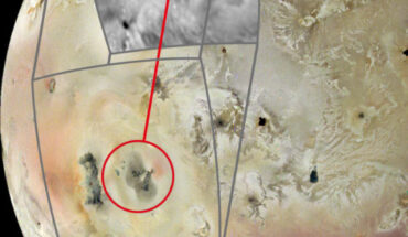 A comparison of the JunoCam image from February 2024 with Galileo spacecraft imagery of the same area in November 1997 (grayscale insert) reveals a new volcanic feature on the surface of Io. Image credit: NASA / JPL-Caltech / SwRI / MSSS / Europlanet.