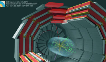 CMS candidate collision event for a W boson decaying into a muon (red line) and a neutrino that escapes detection (pink arrow). Image credit: CMS / CERN.