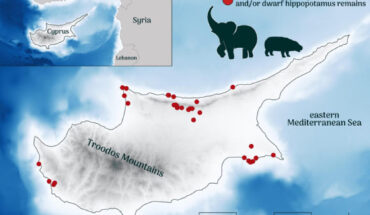Map of Cyprus showing the approximate position of fossil sites where dwarf elephants and hippos have been retrieved. Image credit: Corey J.A. Bradshaw / Flinders University.
