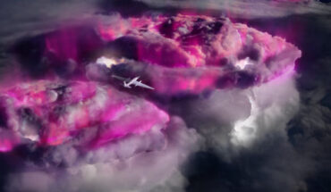 NASA’s high-flying ER-2 airplane carries instrumentation in this artist’s impression of the Airborne Lightning Observatory for Fly’s Eye Geostationary Lightning Mapper Simulator and Terrestrial Gamma-ray Flashes (ALOFT) mission to record gamma rays (colored purple for illustration) from thunderclouds. Image credit: NASA / ALOFT team.