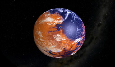 An artist’s concept of an early Mars with liquid water (blue areas) on its surface. Image credit: NASA / MAVEN / Lunar and Planetary Institute.