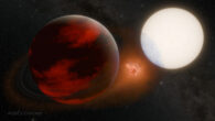 This artist’s concept depicts a potential volcanic exomoon between WASP-49Ab (left) and its parent star. Image credit: NASA / JPL / Caltech.